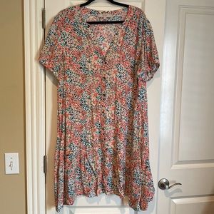 Loft short sleeved floral print dress. Buttons up the front, V neck, loose fit.